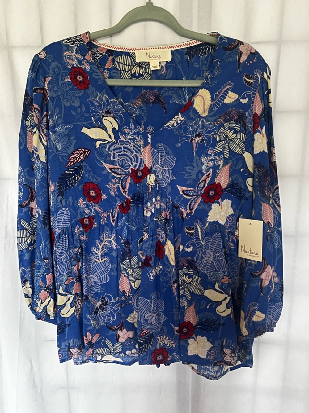 Nurture by Westbound Blue Floral Pintuck Peasant Top